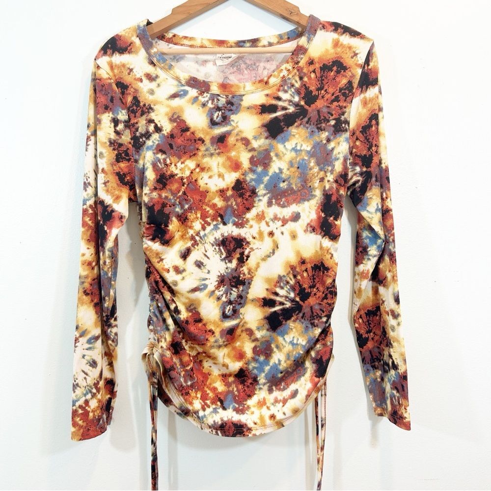 One Step Ahead Brown Blue Abstract Tie-Dye Knit Top Side Ties Boho Y2K Indie